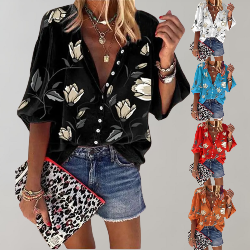 Fienna | Elegante Bloemenprint Blouse met Knopen voor Dames