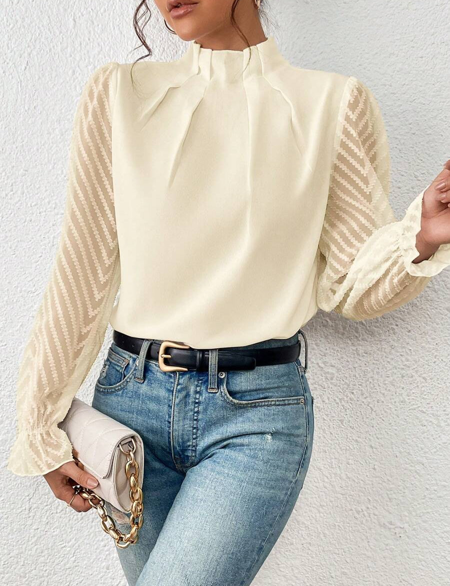 Izabelle | Elegante Coltrui Blouse met Transparante Mouwen voor Dames