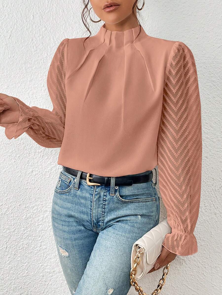 Izabelle | Elegante Coltrui Blouse met Transparante Mouwen voor Dames