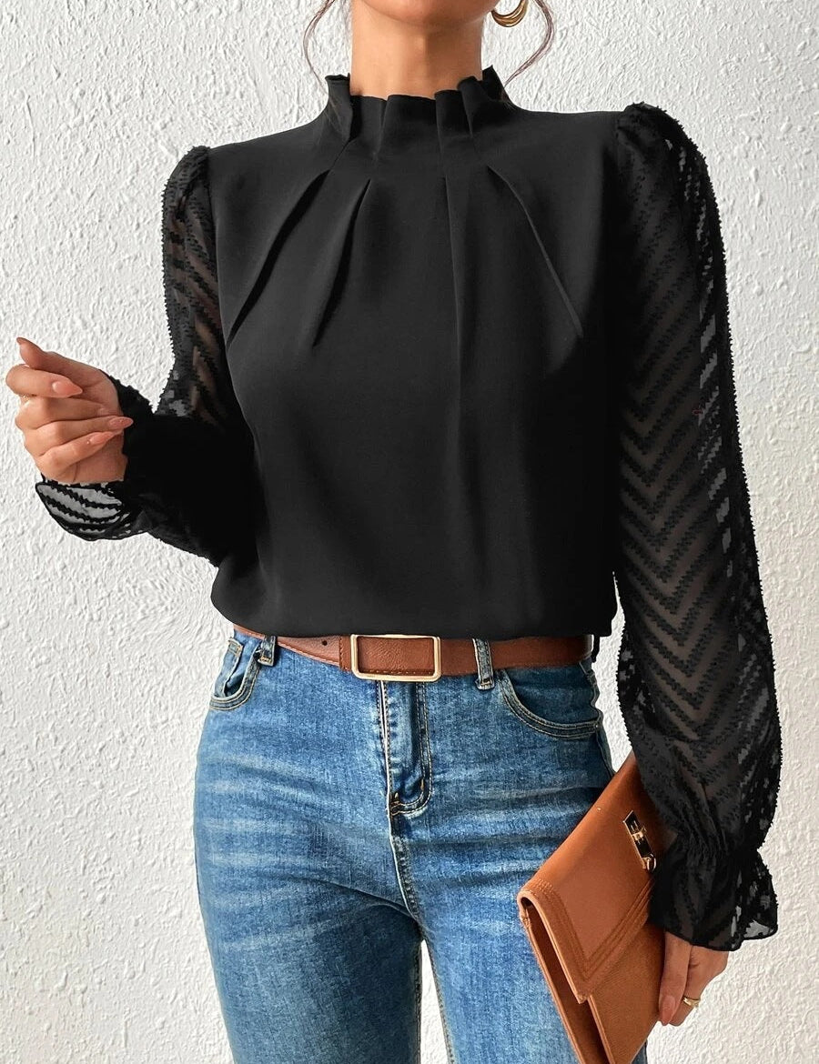 Izabelle | Elegante Coltrui Blouse met Transparante Mouwen voor Dames