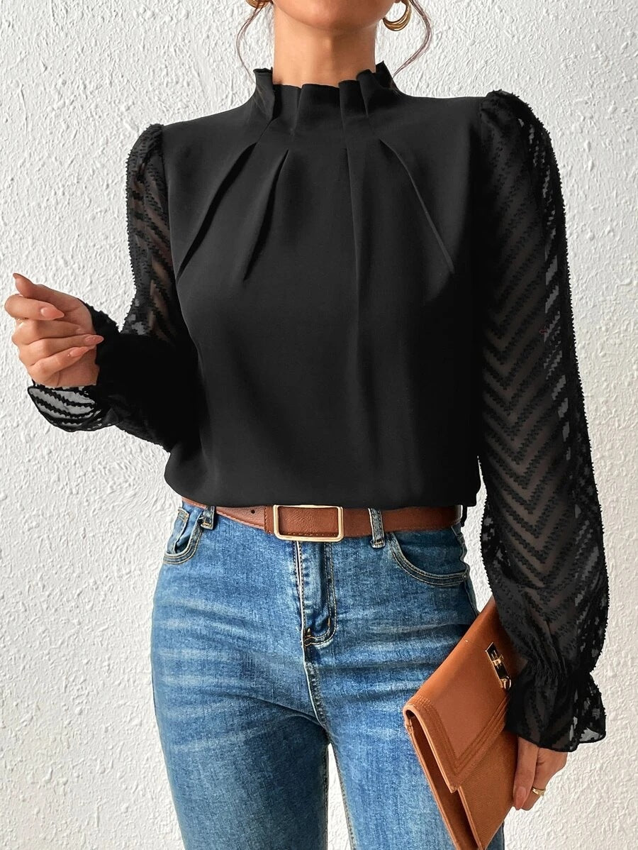 Izabelle | Elegante Coltrui Blouse met Transparante Mouwen voor Dames