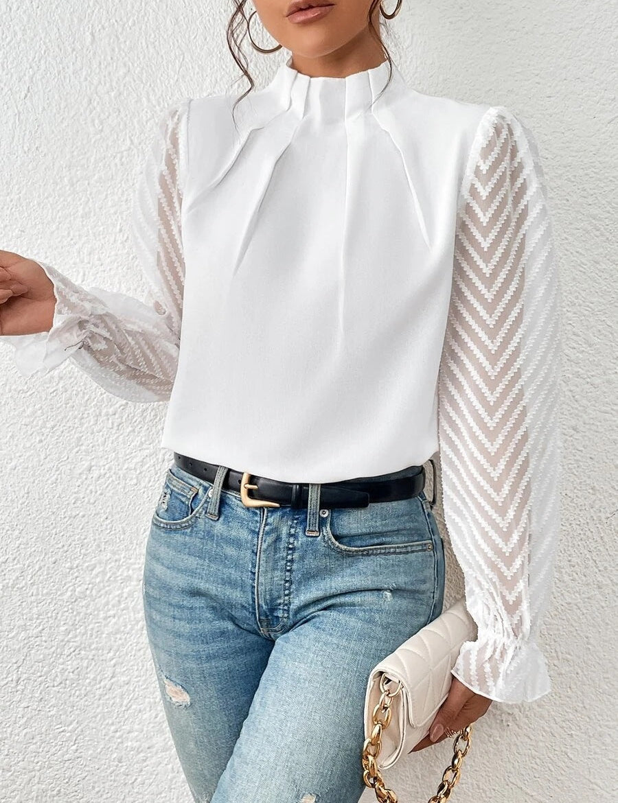 Izabelle | Elegante Coltrui Blouse met Transparante Mouwen voor Dames