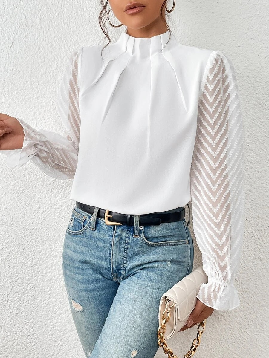 Izabelle | Elegante Coltrui Blouse met Transparante Mouwen voor Dames