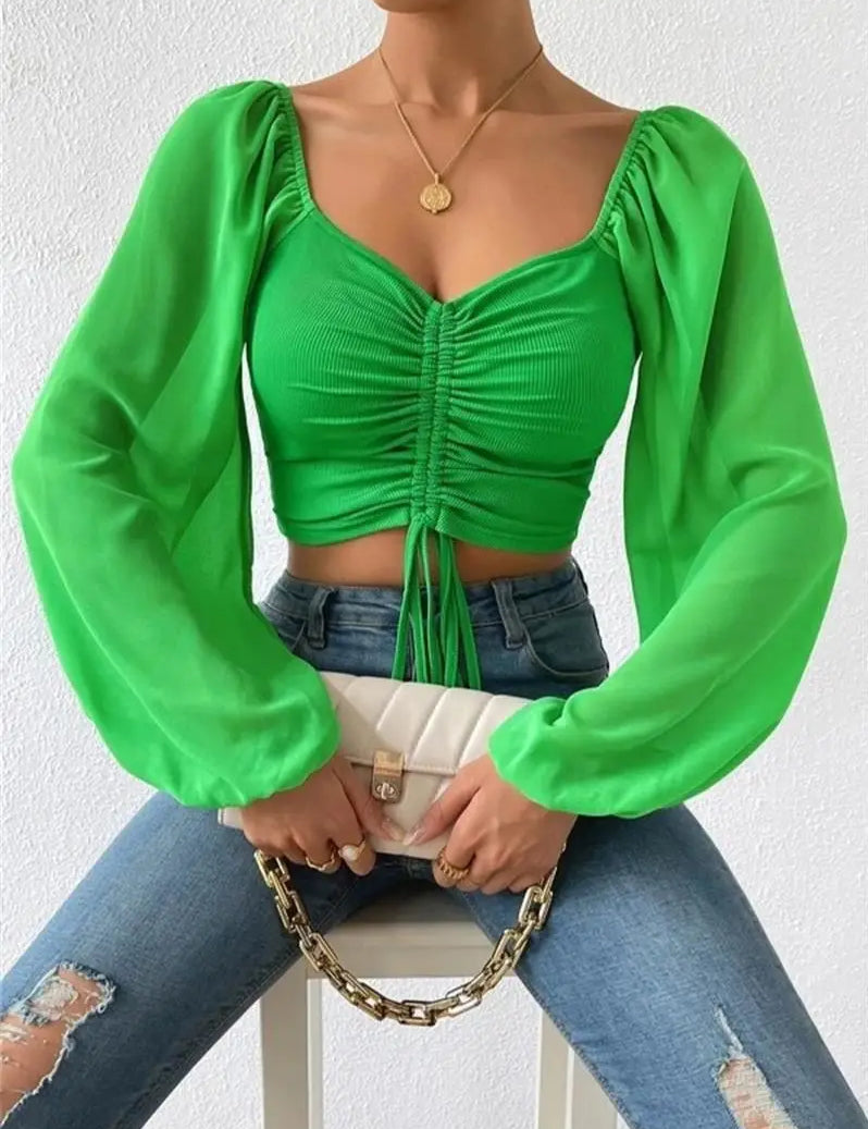 Ruth | Elegante Gerimpelde Lange Mouw Crop Top voor de Lente