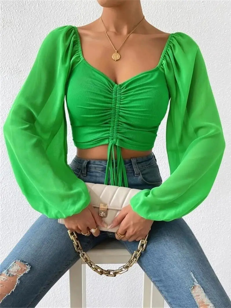 Ruth | Elegante Gerimpelde Lange Mouw Crop Top voor de Lente