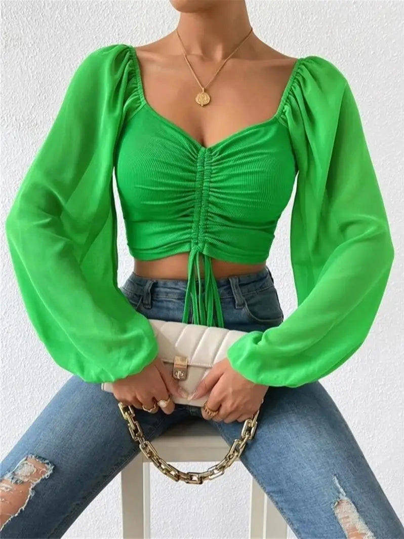 Ruth | Elegante Gerimpelde Lange Mouw Crop Top voor de Lente