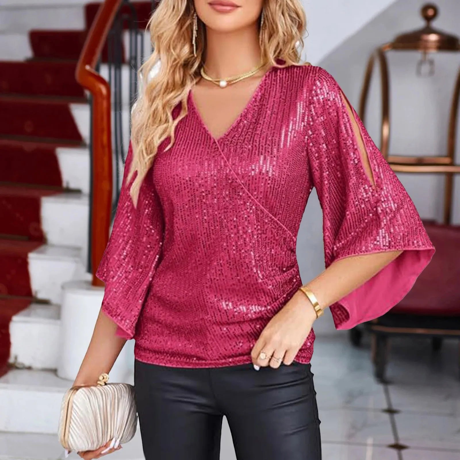 Larissa | Chique Pailletten V-Hals Blouse met Uitlopende Mouwen