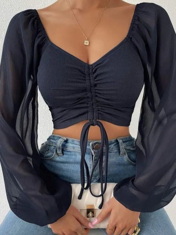 Ruth | Elegante Gerimpelde Lange Mouw Crop Top voor de Lente