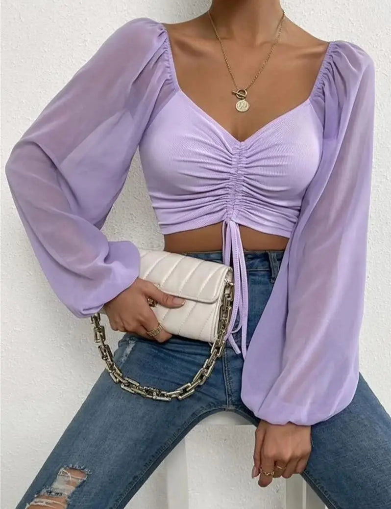 Ruth | Elegante Gerimpelde Lange Mouw Crop Top voor de Lente