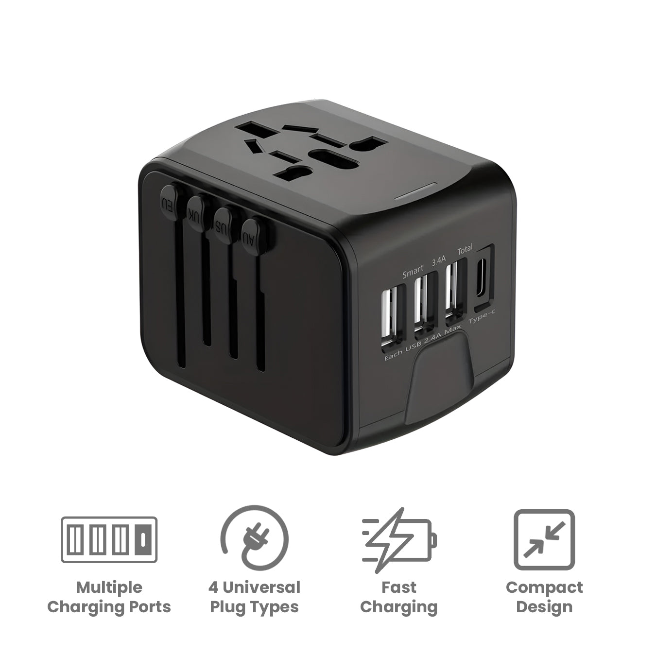 LINA Universele Reisadapter | Compact Ontwerp met Snelladen en 4 USB-Poorten