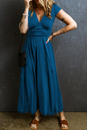  Stijlvolle Maxi-Jurk met V-Hals en Korte Mouwen in Geplooide Design-1