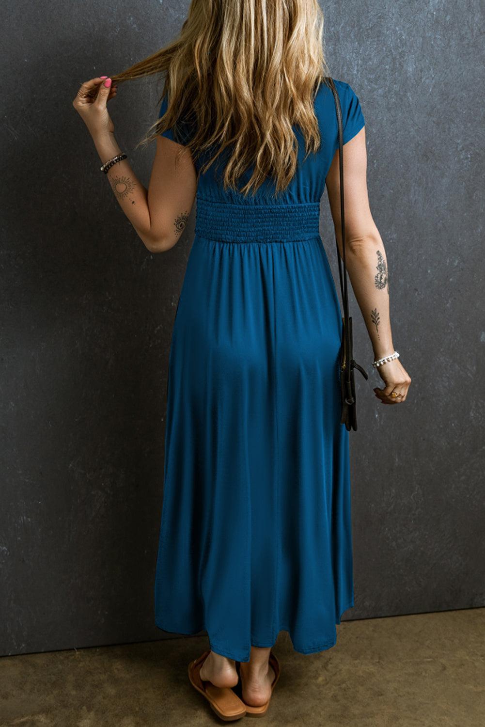  Stijlvolle Maxi-Jurk met V-Hals en Korte Mouwen in Geplooide Design-2