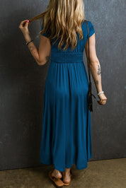  Stijlvolle Maxi-Jurk met V-Hals en Korte Mouwen in Geplooide Design-2